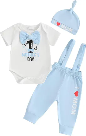 Karuedoo My 1st Mother's Day Baby Boy Outfit Short Sleeve Bowtie Romper I Love Mom Suspender Pants Hat 3 Piece Clothes Set
