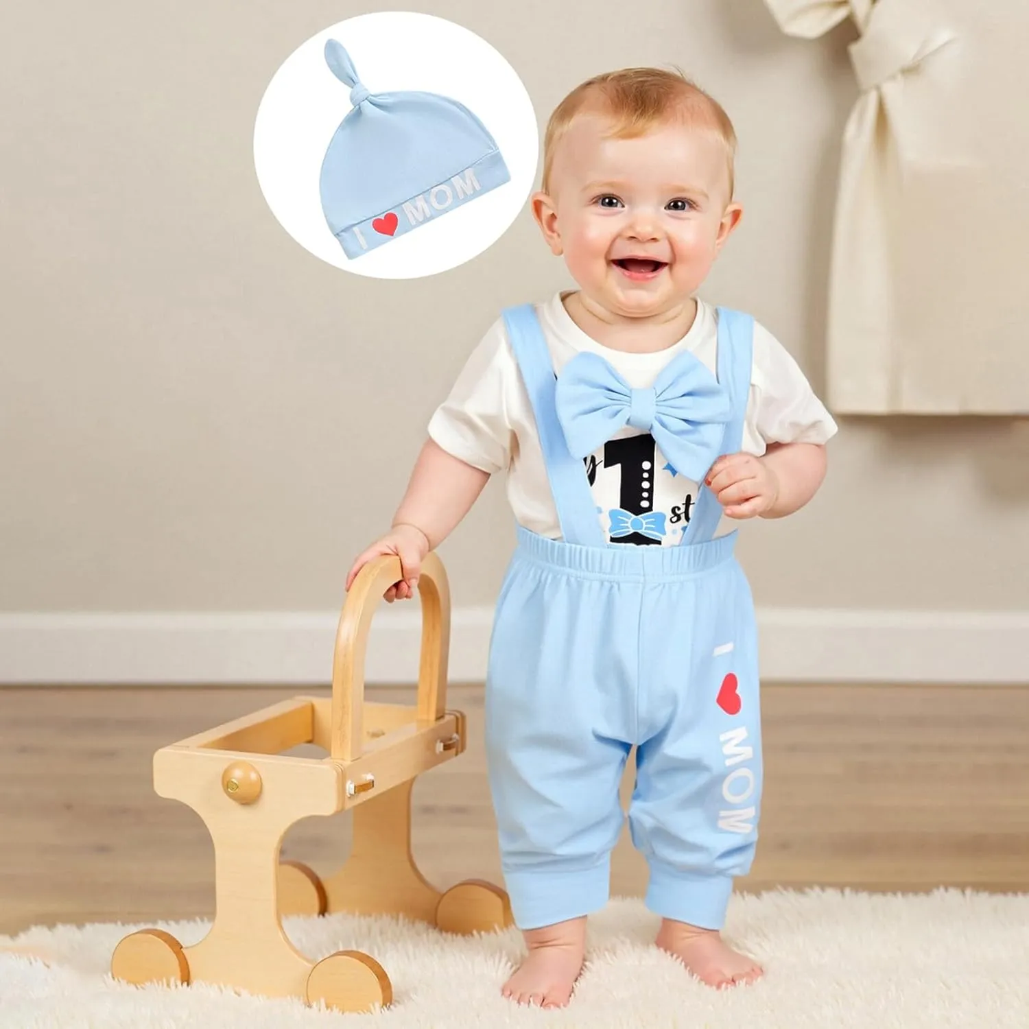 Karuedoo My 1st Mother's Day Baby Boy Outfit Short Sleeve Bowtie Romper I Love Mom Suspender Pants Hat 3 Piece Clothes Set