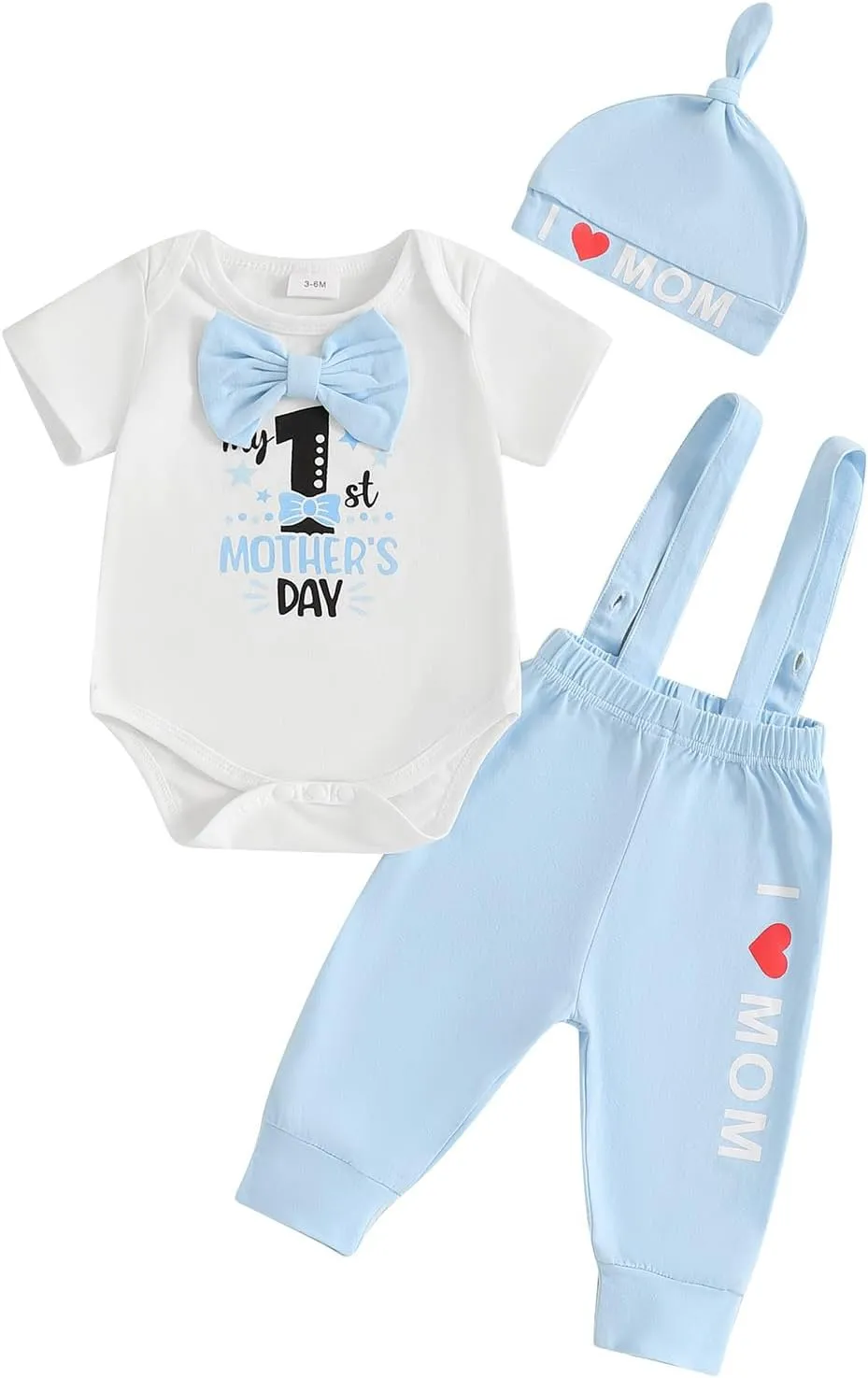 Karuedoo My 1st Mother's Day Baby Boy Outfit Short Sleeve Bowtie Romper I Love Mom Suspender Pants Hat 3 Piece Clothes Set