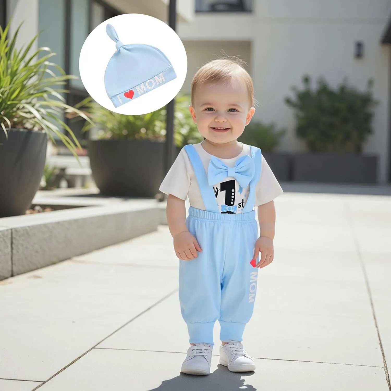 Karuedoo My 1st Mother's Day Baby Boy Outfit Short Sleeve Bowtie Romper I Love Mom Suspender Pants Hat 3 Piece Clothes Set