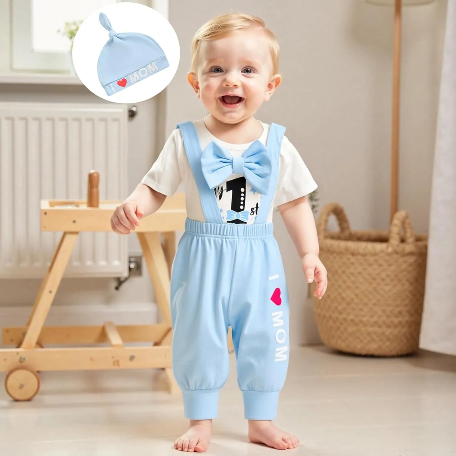 Karuedoo My 1st Mother's Day Baby Boy Outfit Short Sleeve Bowtie Romper I Love Mom Suspender Pants Hat 3 Piece Clothes Set