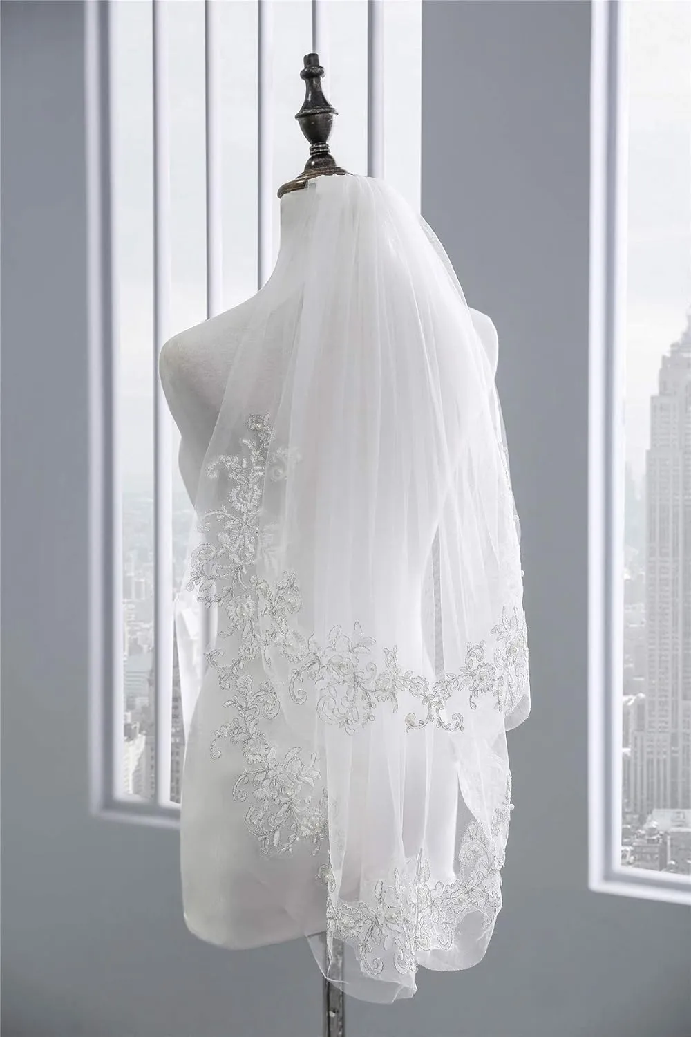 Kercisbeauty 2 Tiers Wedding Bridal Lace Double layer Veil Drop with Hair Comb Flower Lace and Pearl Chapel Hair Accessories (White)