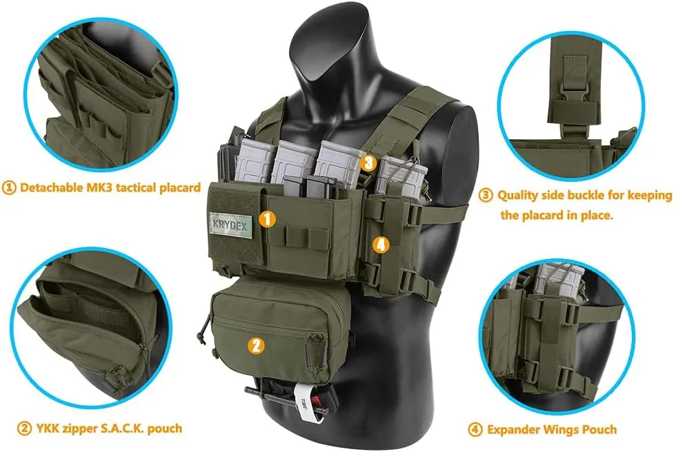 KRYDEX Micro Chest Rig with 5.56/7.62 Magazine Holder,Wing Pouches,Dangler Pouch,Fat Strap Shoulder Harness Set