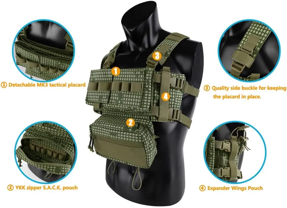 KRYDEX Micro Chest Rig with 5.56/7.62 Magazine Holder,Wing Pouches,Dangler Pouch,Fat Strap Shoulder Harness Set
