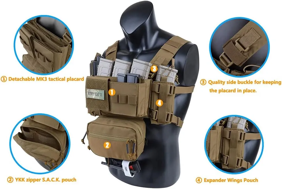 KRYDEX Micro Chest Rig with 5.56/7.62 Magazine Holder,Wing Pouches,Dangler Pouch,Fat Strap Shoulder Harness Set
