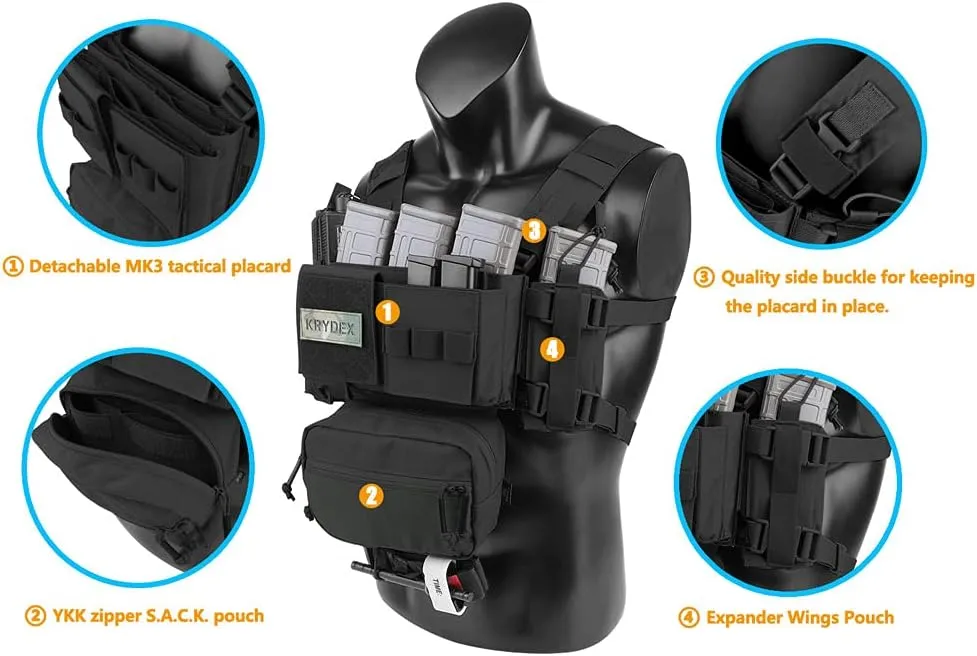 KRYDEX Micro Chest Rig with 5.56/7.62 Magazine Holder,Wing Pouches,Dangler Pouch,Fat Strap Shoulder Harness Set