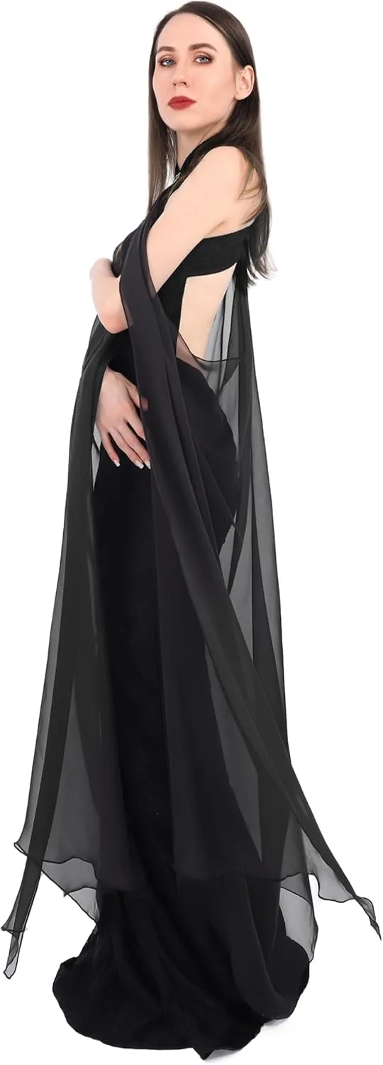 KUOIN Women's Chiffon Sheer Cape Gothic Tulle Cloak Halloween Wedding Bridal Collared Shawls Full-Length 130CM