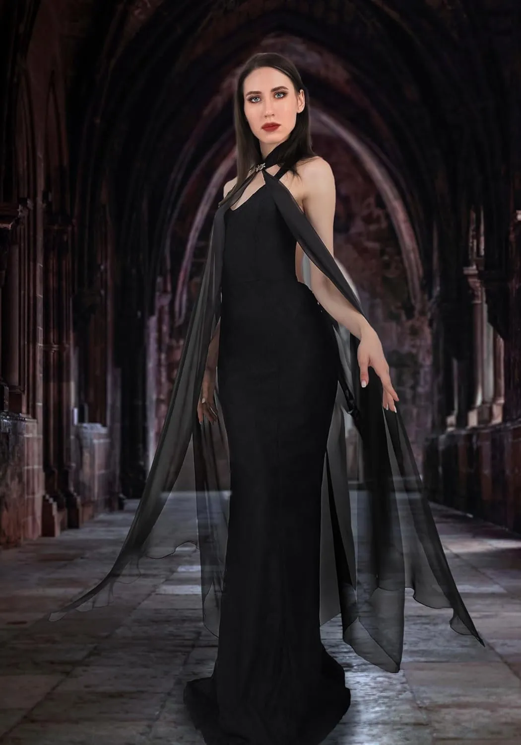 KUOIN Women's Chiffon Sheer Cape Gothic Tulle Cloak Halloween Wedding Bridal Collared Shawls Full-Length 130CM
