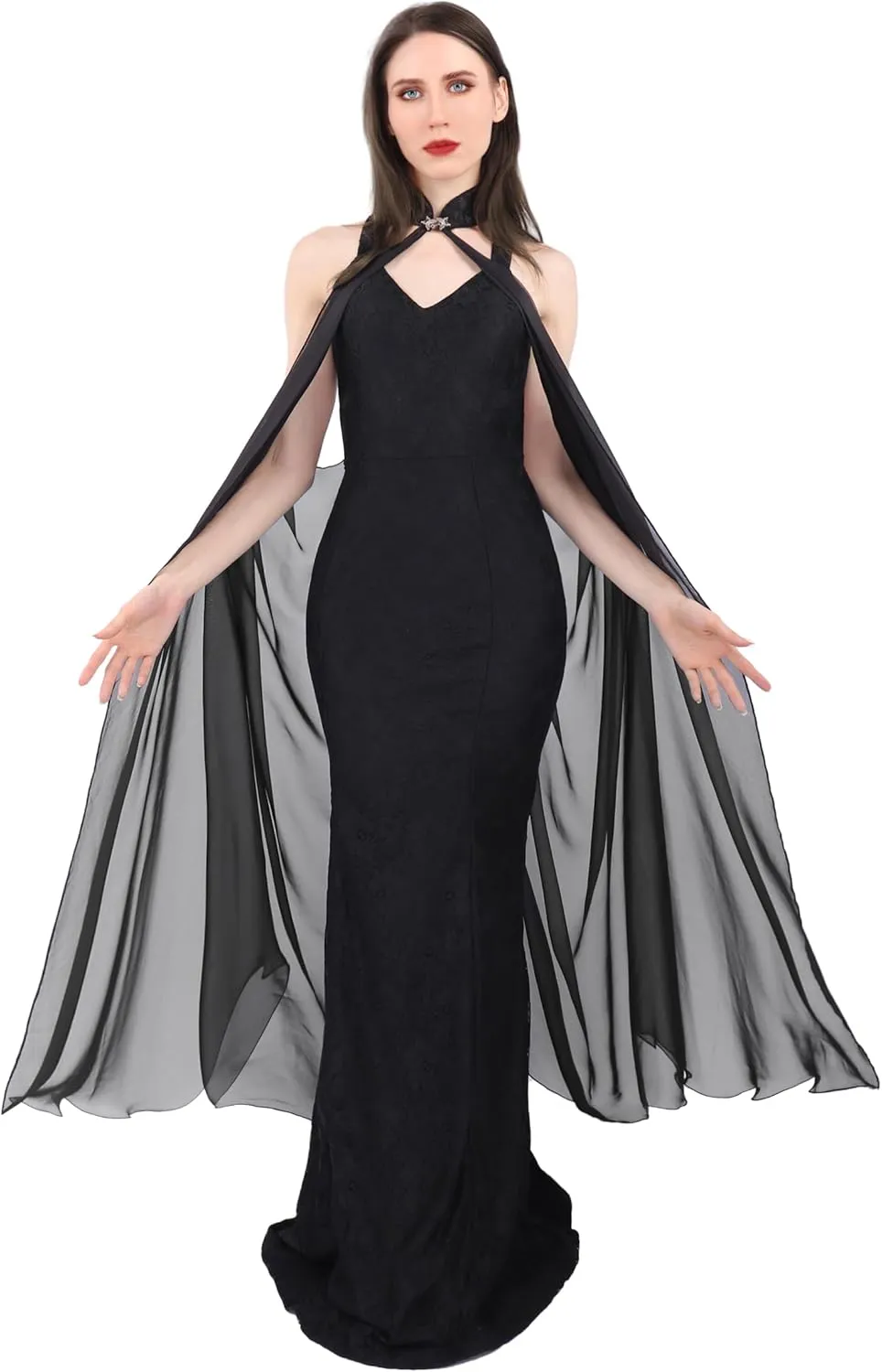 KUOIN Women's Chiffon Sheer Cape Gothic Tulle Cloak Halloween Wedding Bridal Collared Shawls Full-Length 130CM