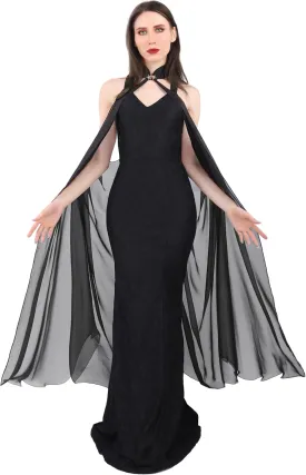 KUOIN Women's Chiffon Sheer Cape Gothic Tulle Cloak Halloween Wedding Bridal Collared Shawls Full-Length 130CM
