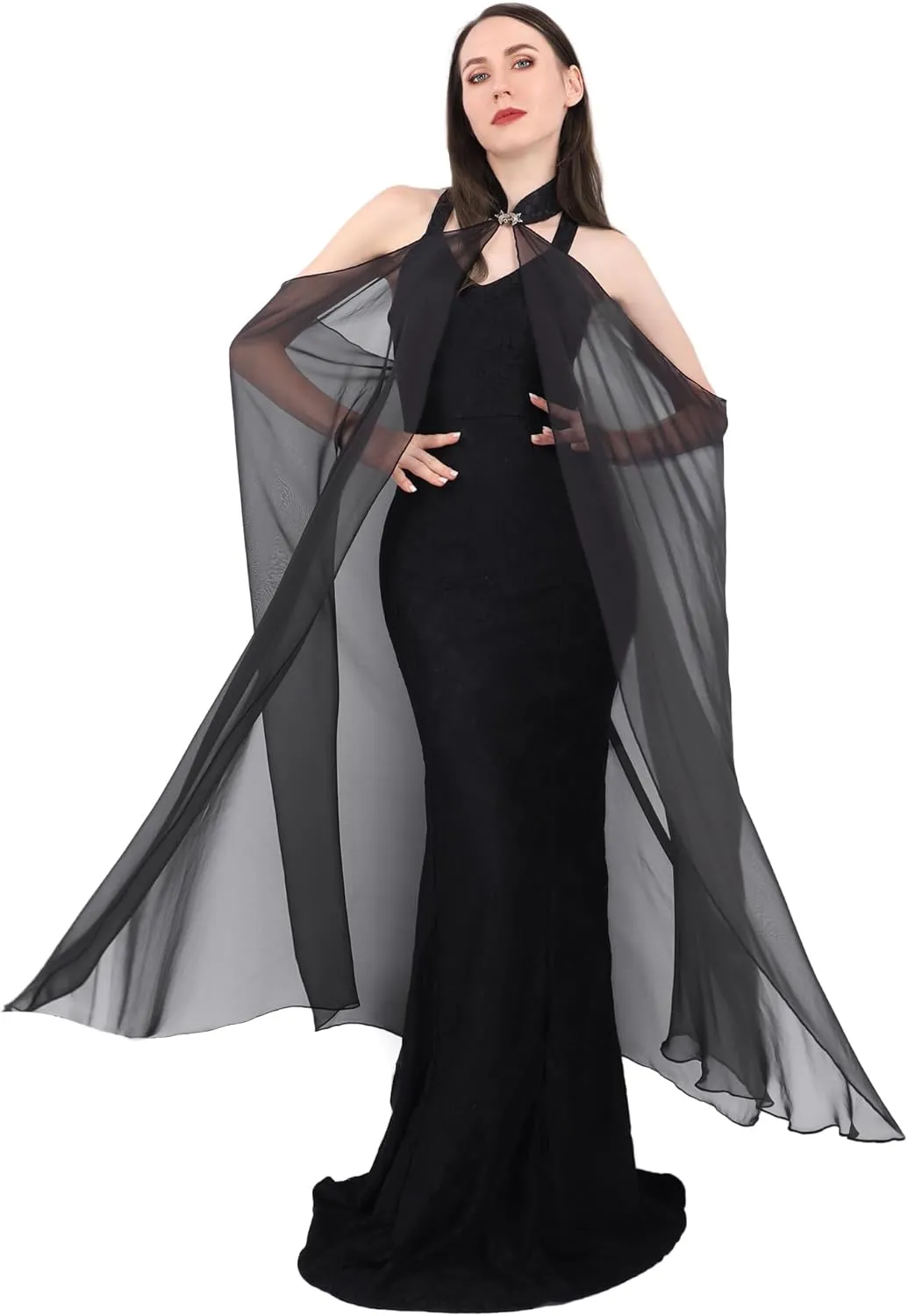 KUOIN Women's Chiffon Sheer Cape Gothic Tulle Cloak Halloween Wedding Bridal Collared Shawls Full-Length 130CM