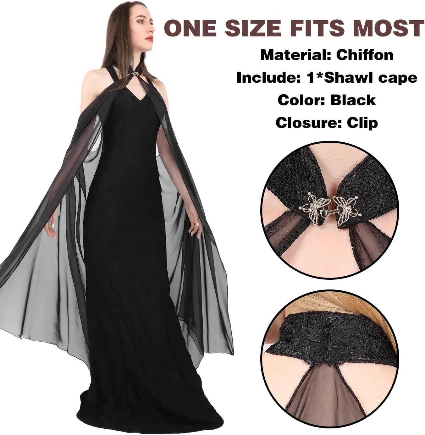 KUOIN Women's Chiffon Sheer Cape Gothic Tulle Cloak Halloween Wedding Bridal Collared Shawls Full-Length 130CM