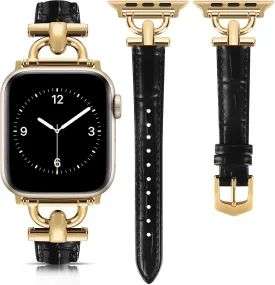 Leather Band Compatible with Apple Watch Bands for Women, Dressy Fancy Strap for iWatch Series 10/9/8/7/6/5/4/3/2/1/se(38mm 40mm 41mm 42mm,Black/Gold)