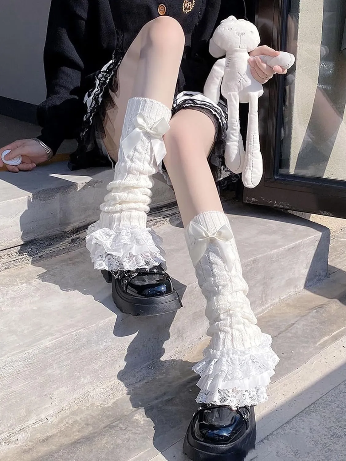 Leoparts Women's Knit Leg Warmers Y2K Bow Lace Trim Knee High Leg Sleeve Socks for Lolita Costume Party Accessory