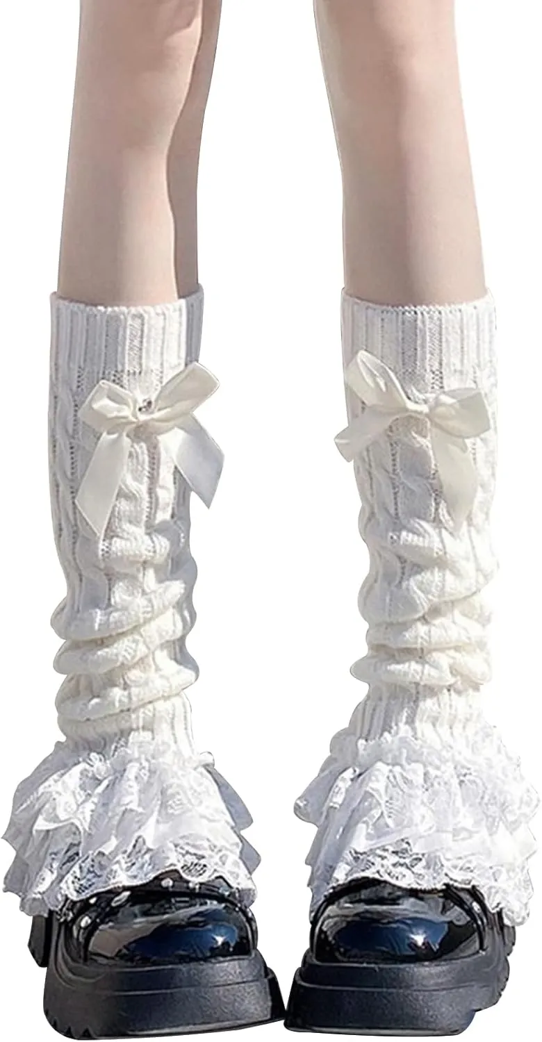 Leoparts Women's Knit Leg Warmers Y2K Bow Lace Trim Knee High Leg Sleeve Socks for Lolita Costume Party Accessory