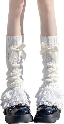 Leoparts Women's Knit Leg Warmers Y2K Bow Lace Trim Knee High Leg Sleeve Socks for Lolita Costume Party Accessory