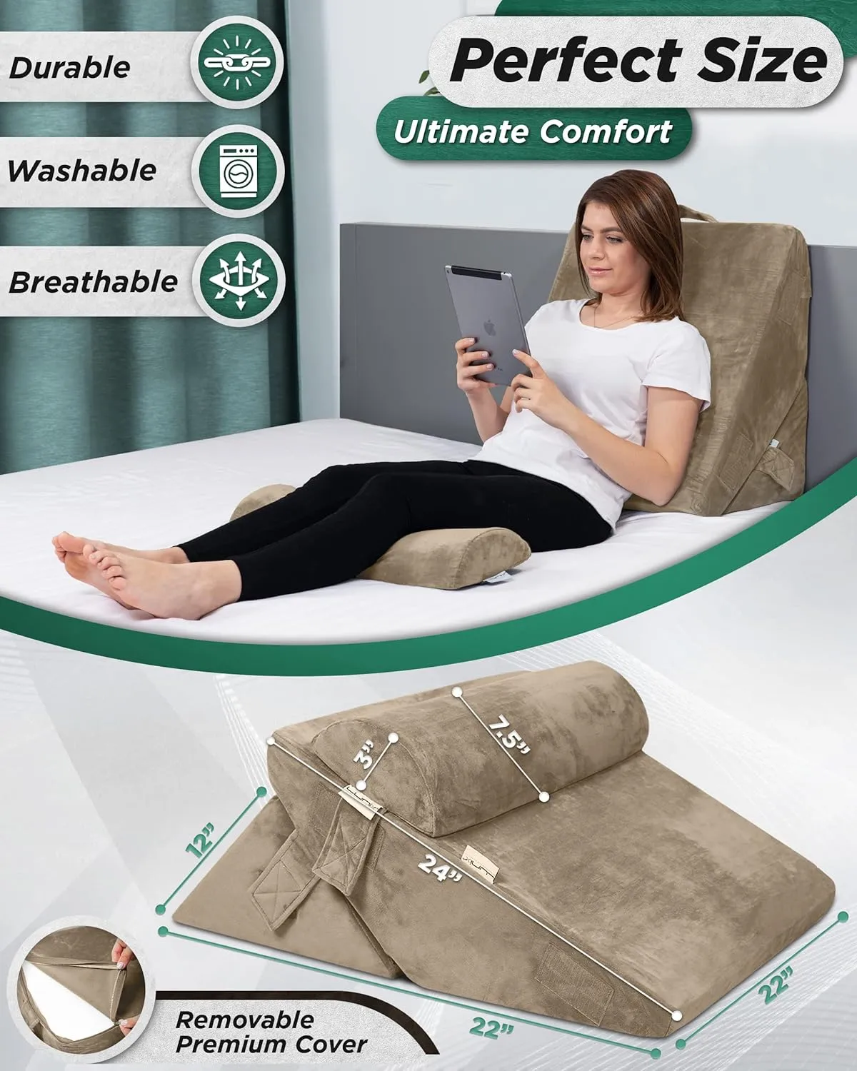Lunix 3pcs Orthopedic Bed Wedge Pillow Set, Post Surgery Memory Foam for Back, Leg, and Knee Pain Relief, Adjustable Sitting Pillow for Sleeping, Acid Reflux, and GERD, with Hot Cold Pack, Brown
