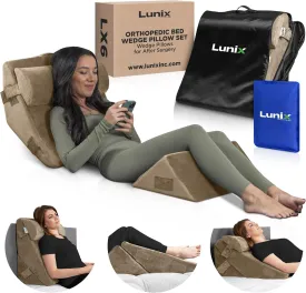Lunix 3pcs Orthopedic Bed Wedge Pillow Set, Post Surgery Memory Foam for Back, Leg, and Knee Pain Relief, Adjustable Sitting Pillow for Sleeping, Acid Reflux, and GERD, with Hot Cold Pack, Brown