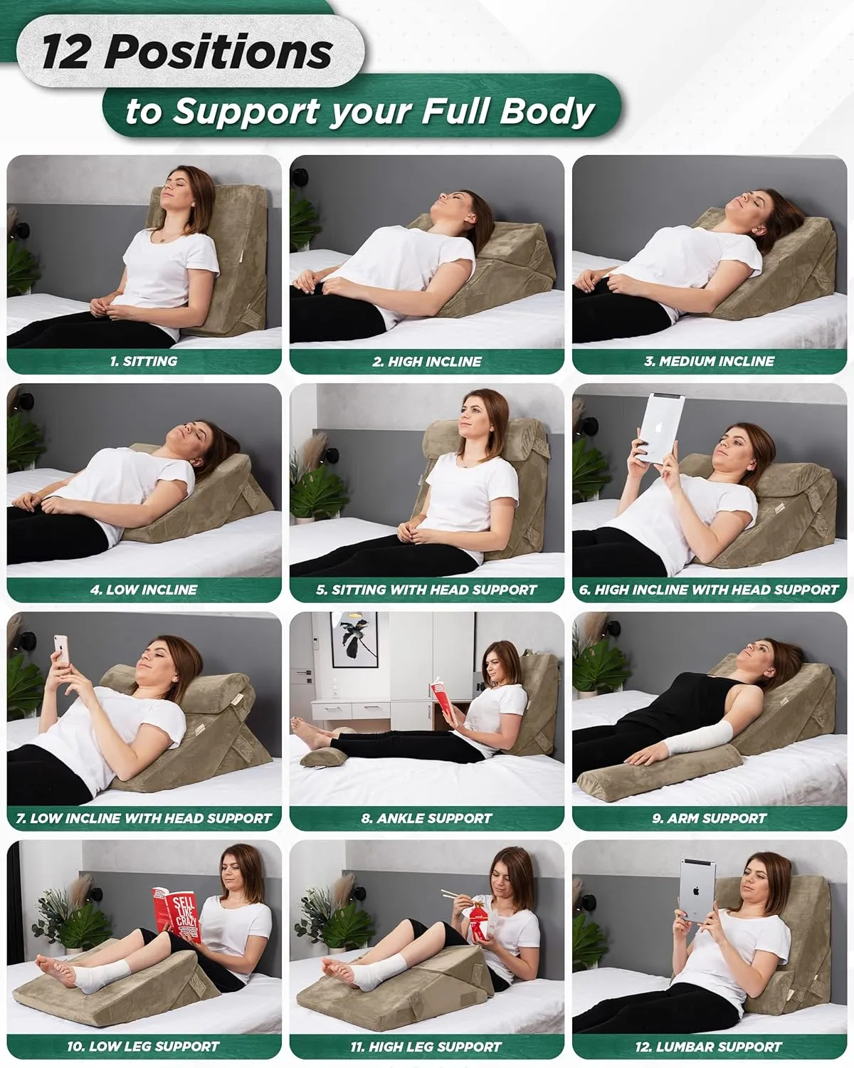 Lunix 3pcs Orthopedic Bed Wedge Pillow Set, Post Surgery Memory Foam for Back, Leg, and Knee Pain Relief, Adjustable Sitting Pillow for Sleeping, Acid Reflux, and GERD, with Hot Cold Pack, Brown