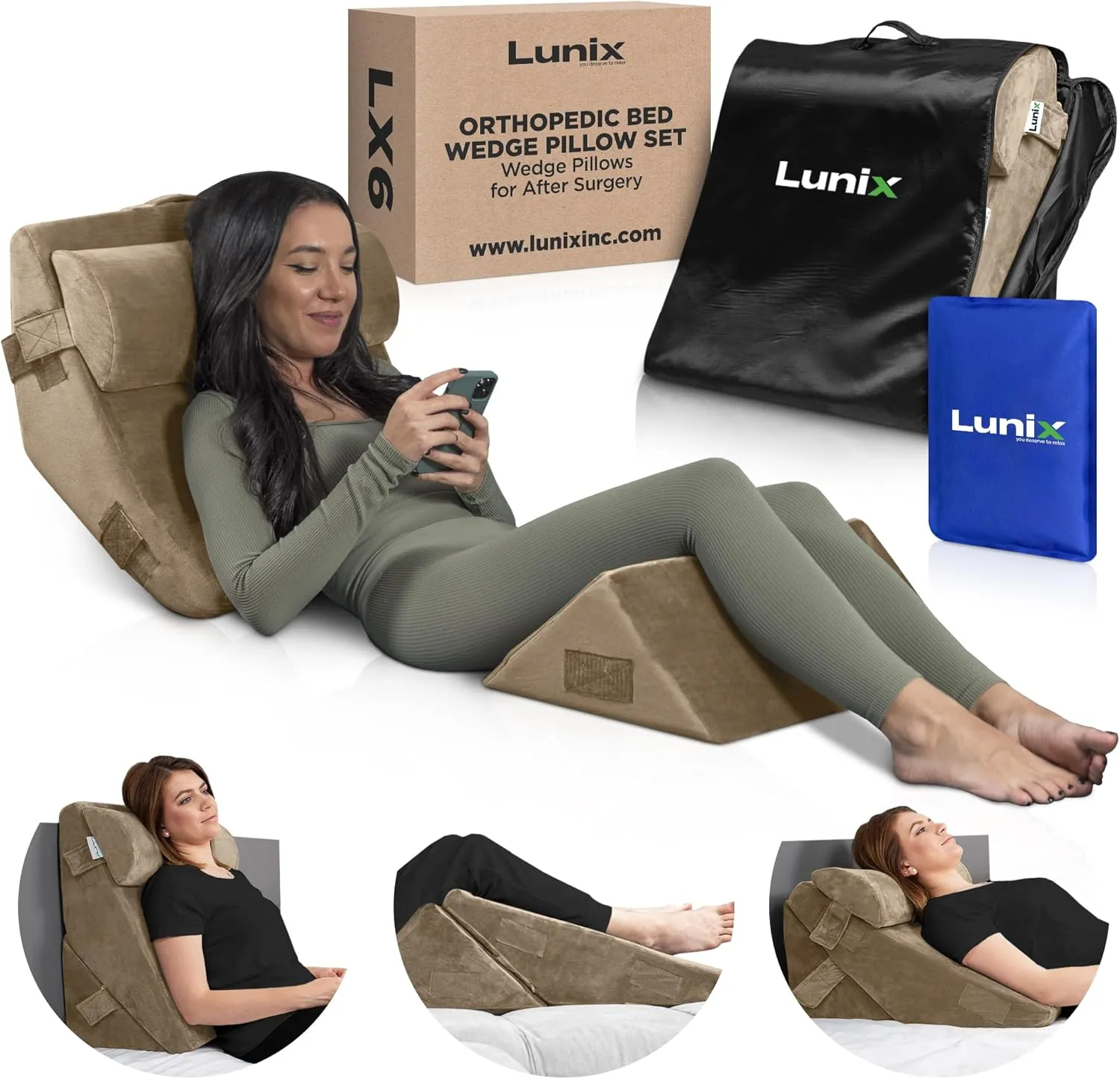 Lunix 3pcs Orthopedic Bed Wedge Pillow Set, Post Surgery Memory Foam for Back, Leg, and Knee Pain Relief, Adjustable Sitting Pillow for Sleeping, Acid Reflux, and GERD, with Hot Cold Pack, Brown