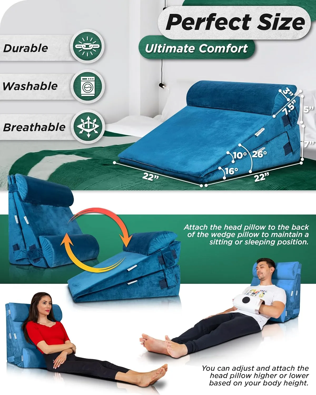 Lunix 4pcs Orthopedic Bed Wedge Pillow Set, Post Surgery Memory Foam for Back, Leg, and Knee Pain Relief, Adjustable Sitting Pillow for Sleeping, Acid Reflux, and GERD, with Hot Cold Pack, Blue