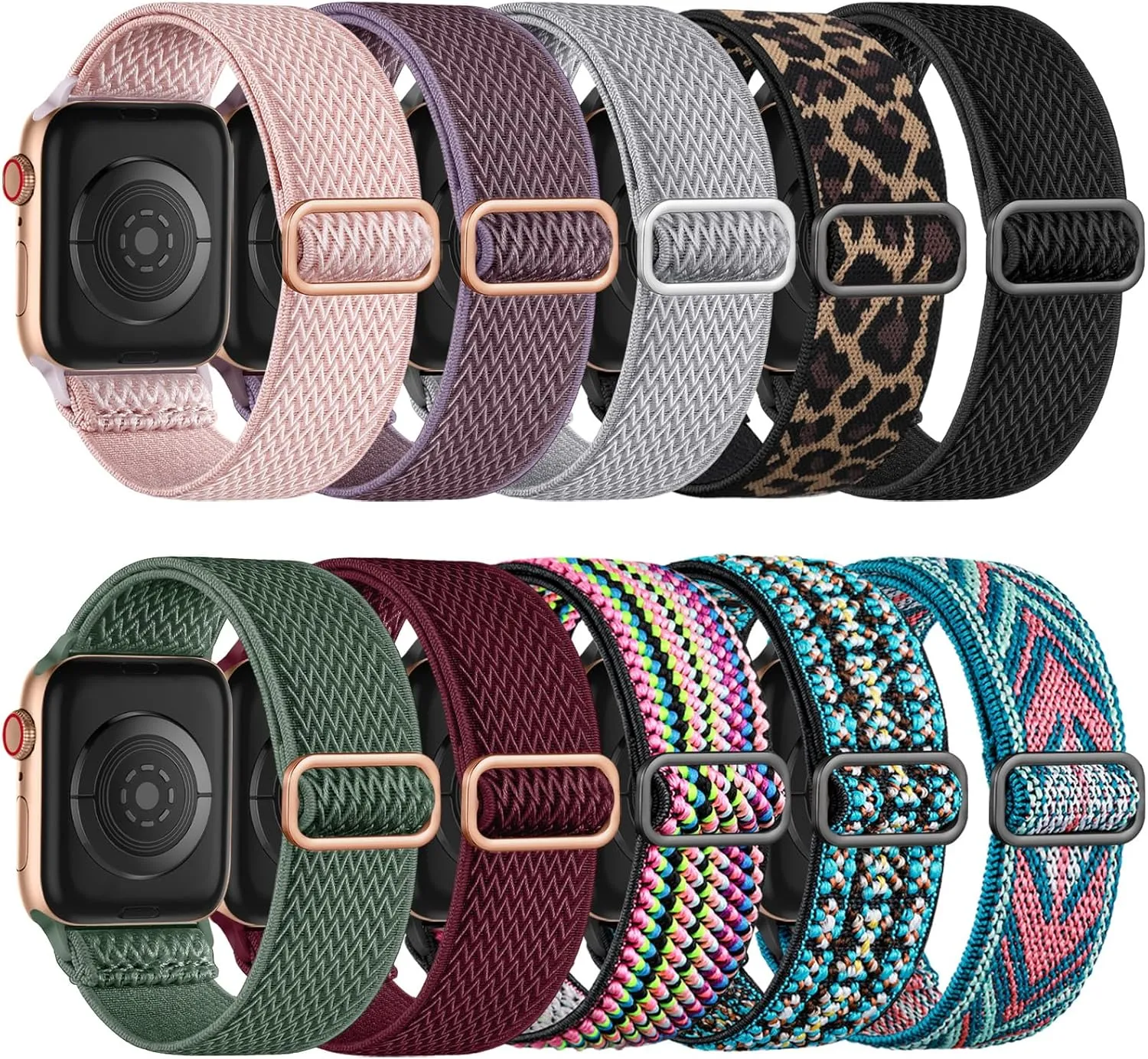 Maledan 10 Pack Stretchy Bands Compatible with Apple Watch Band Women Men 38mm 40mm 41mm 42mm 44mm 45mm 46mm 49mm, Soft Waterproof Nylon Elastic Strap for iWatch Series 10 9 8 7 6 5 4 3 2 1 SE Ultra