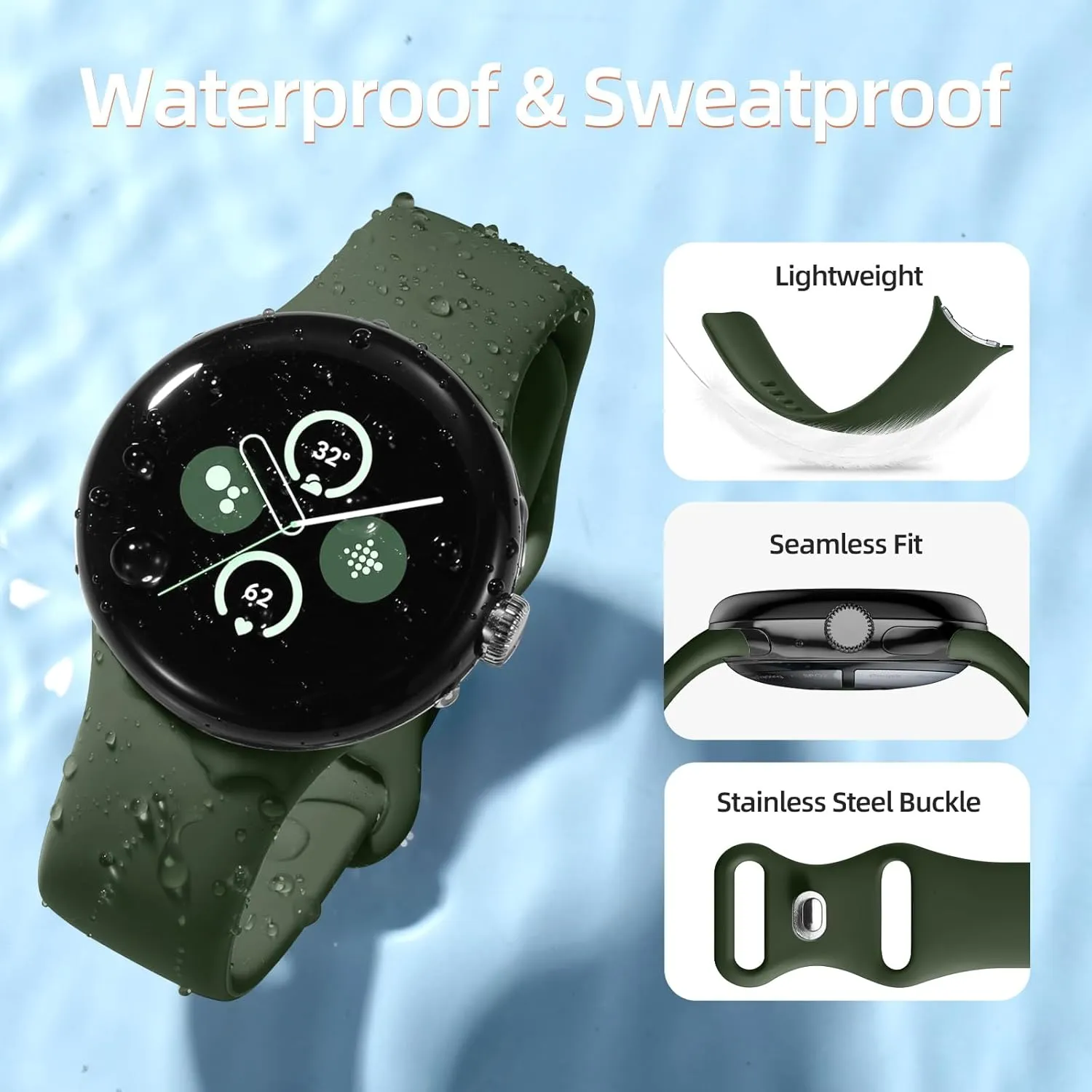 Maledan Compatible With Google Pixel Watch Band for Women Men, 6 Pack Soft Silicone Waterproof Sport Wristbands Replacement Straps for 45mm/41mm Pixel Watch 1, 2, 3 Accessories