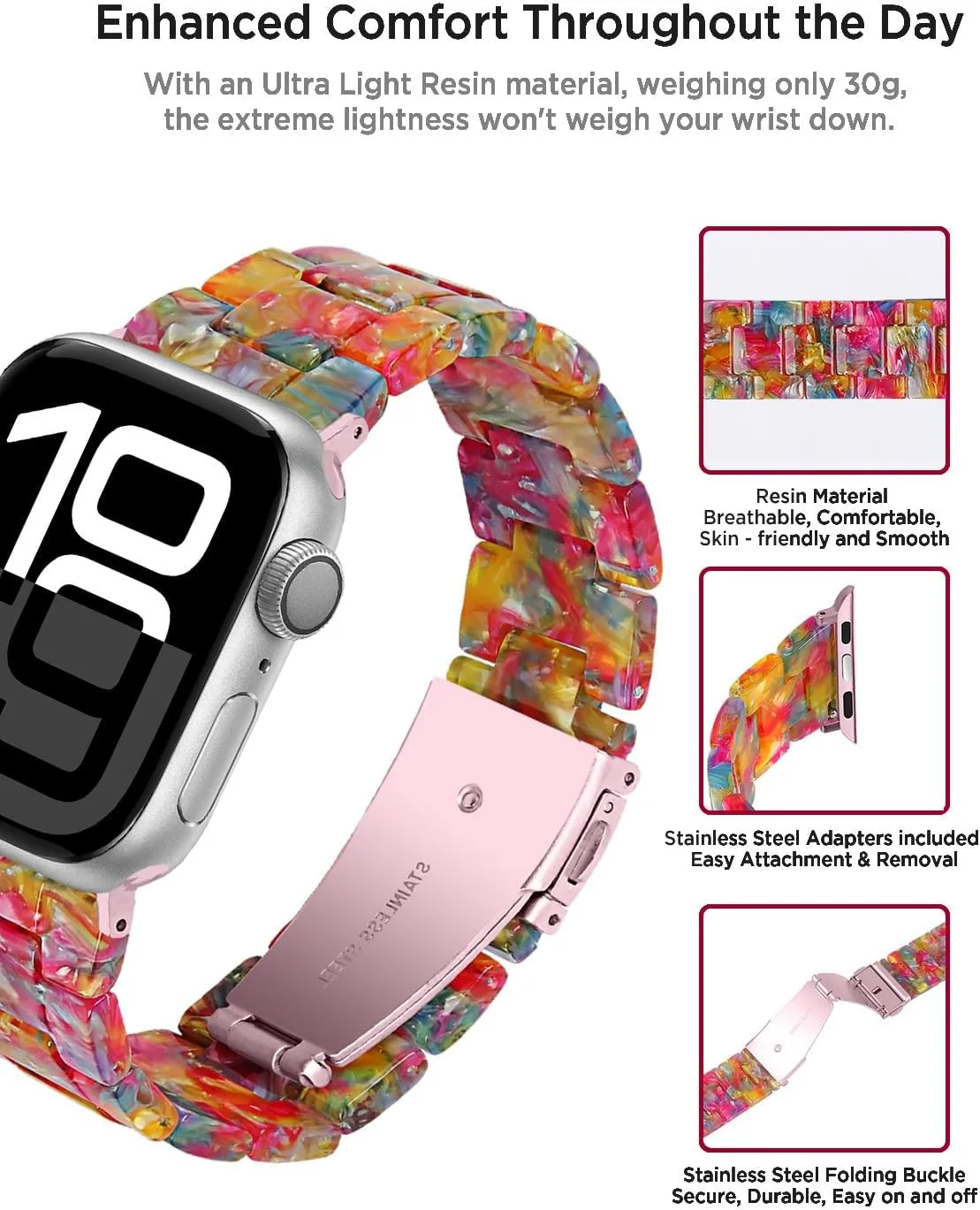 Miimall Women Resin Bands for Apple Watch Series 10 9 8 7 6 5 4 3 2 1 Ultra SE Colorful Dressy Cute Classy Lightweight Comfort 38mm 40mm 41mm 42mm 44mm 45mm 46mm 49mm Resin Bracelet Strap for iwatch