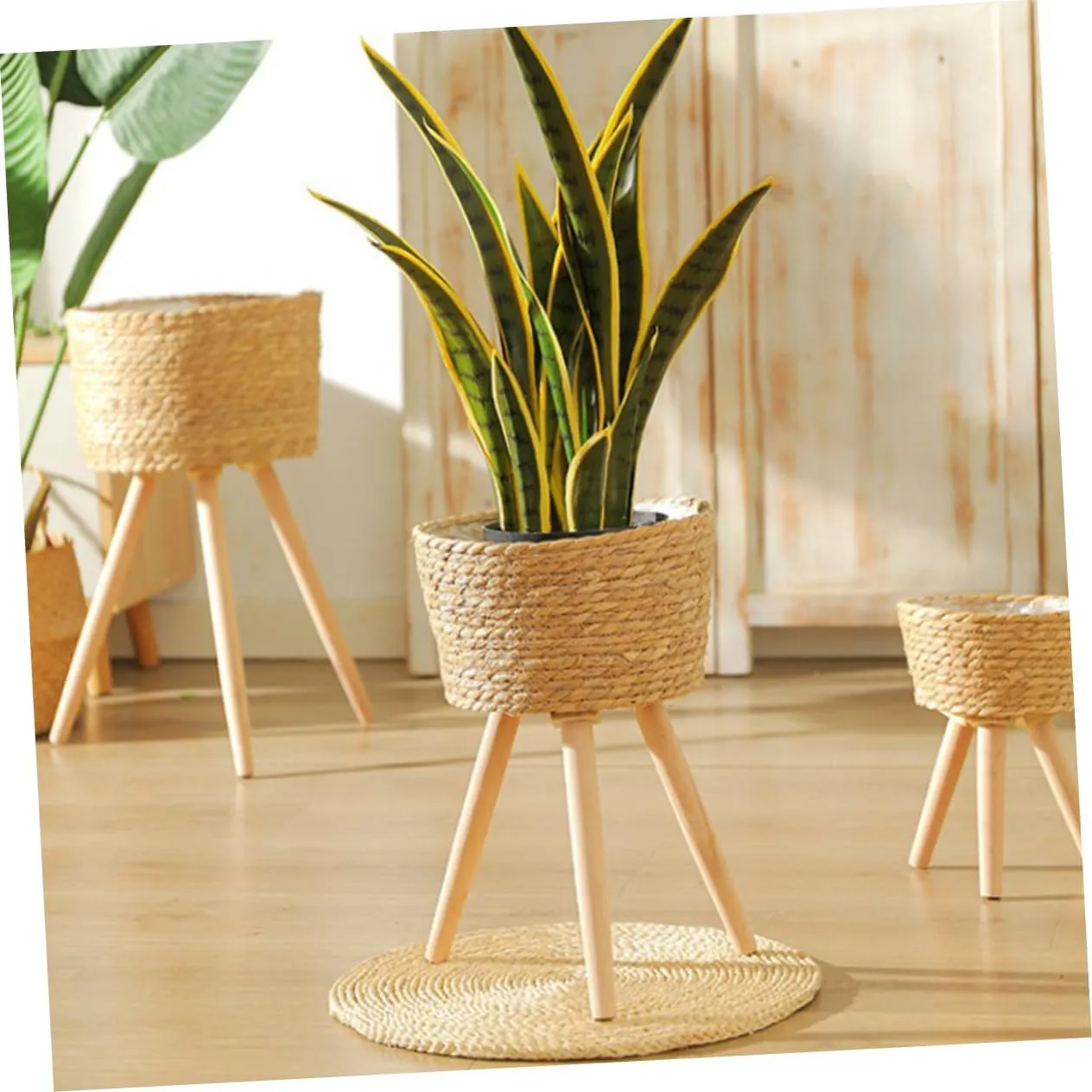 Mipcase Wooden Woven Plant Stand Legs Minimalist Flower Pot Base for Home and Garden