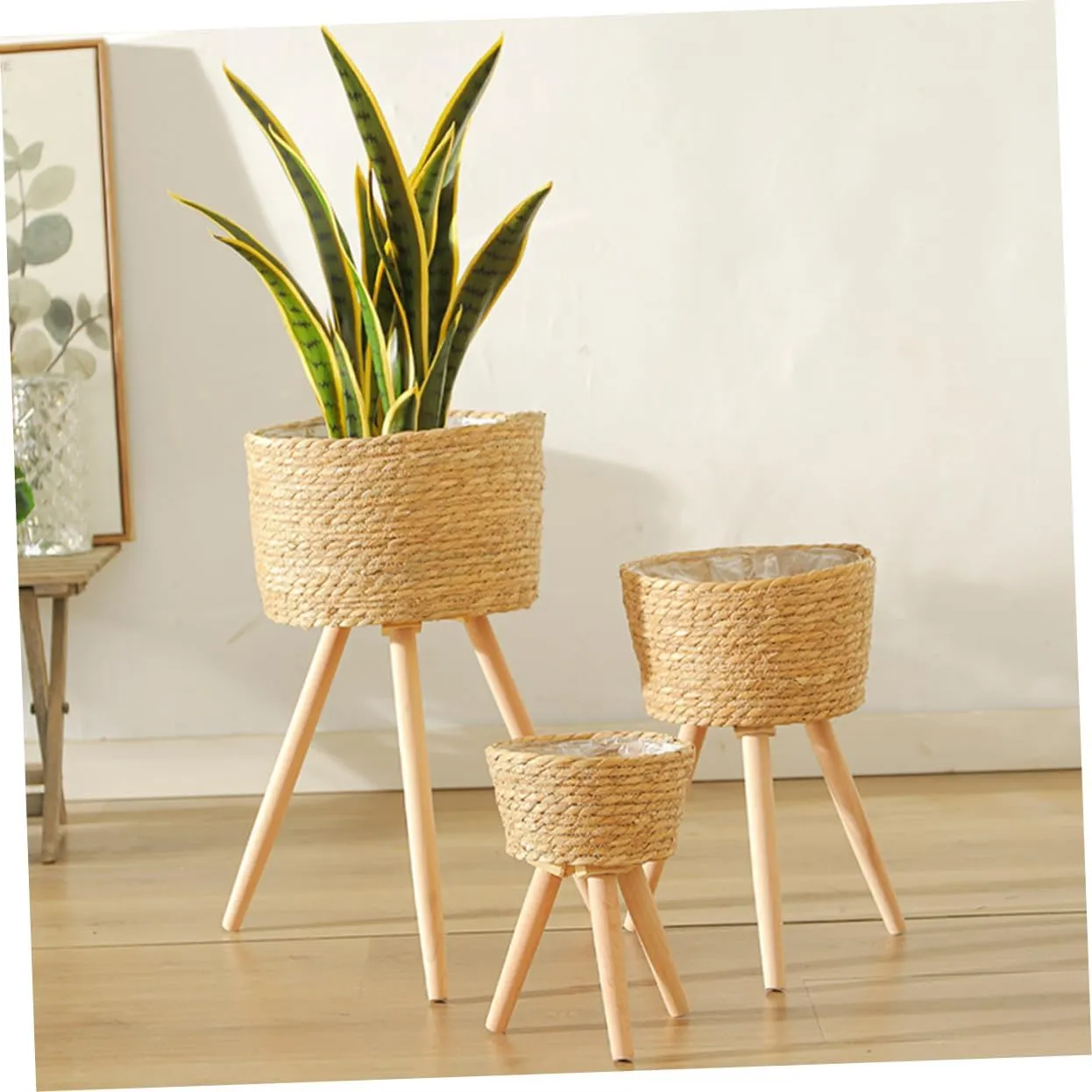 Mipcase Wooden Woven Plant Stand Legs Minimalist Flower Pot Base for Home and Garden