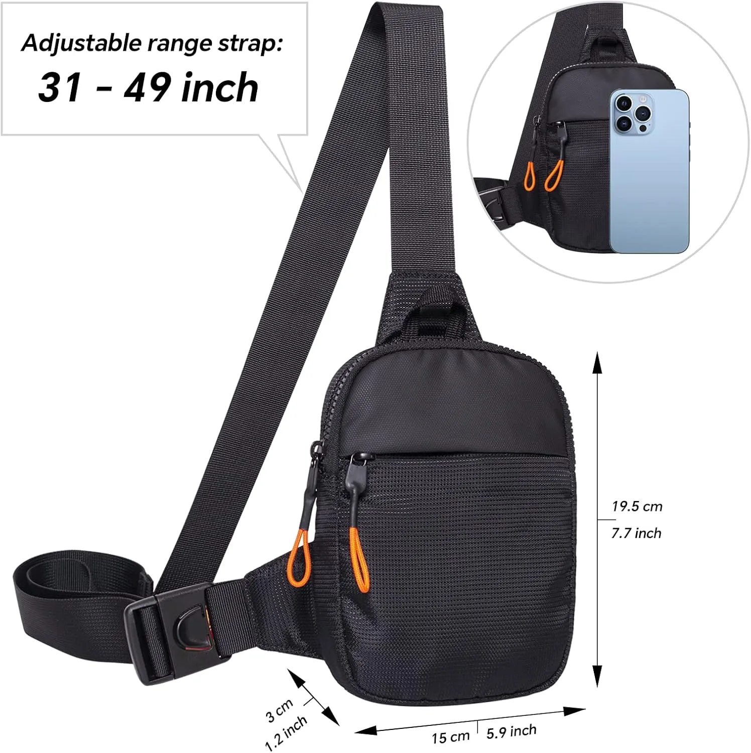 MJNUONE Mini Sling Chest Bag Waterproof Small Crossbody Bag Multi-purpose Lightweight Sling Bag for Men and Women (Black)