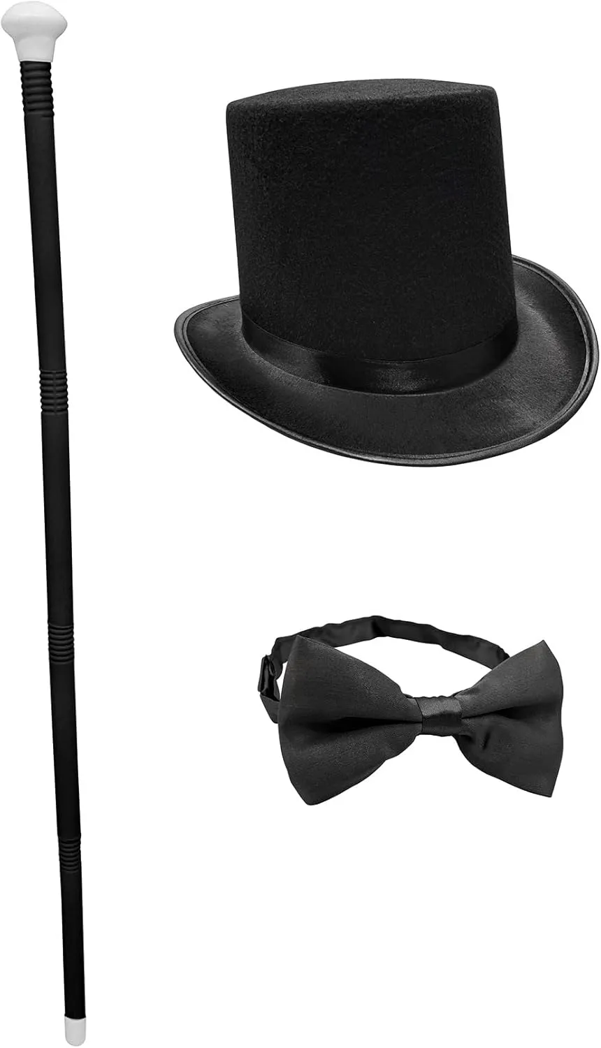 Nicky Bigs Novelties Tuxedo Top Hat Cane and Matching Bowtie Halloween Cosplay Tuxedo Costume Accessory Set