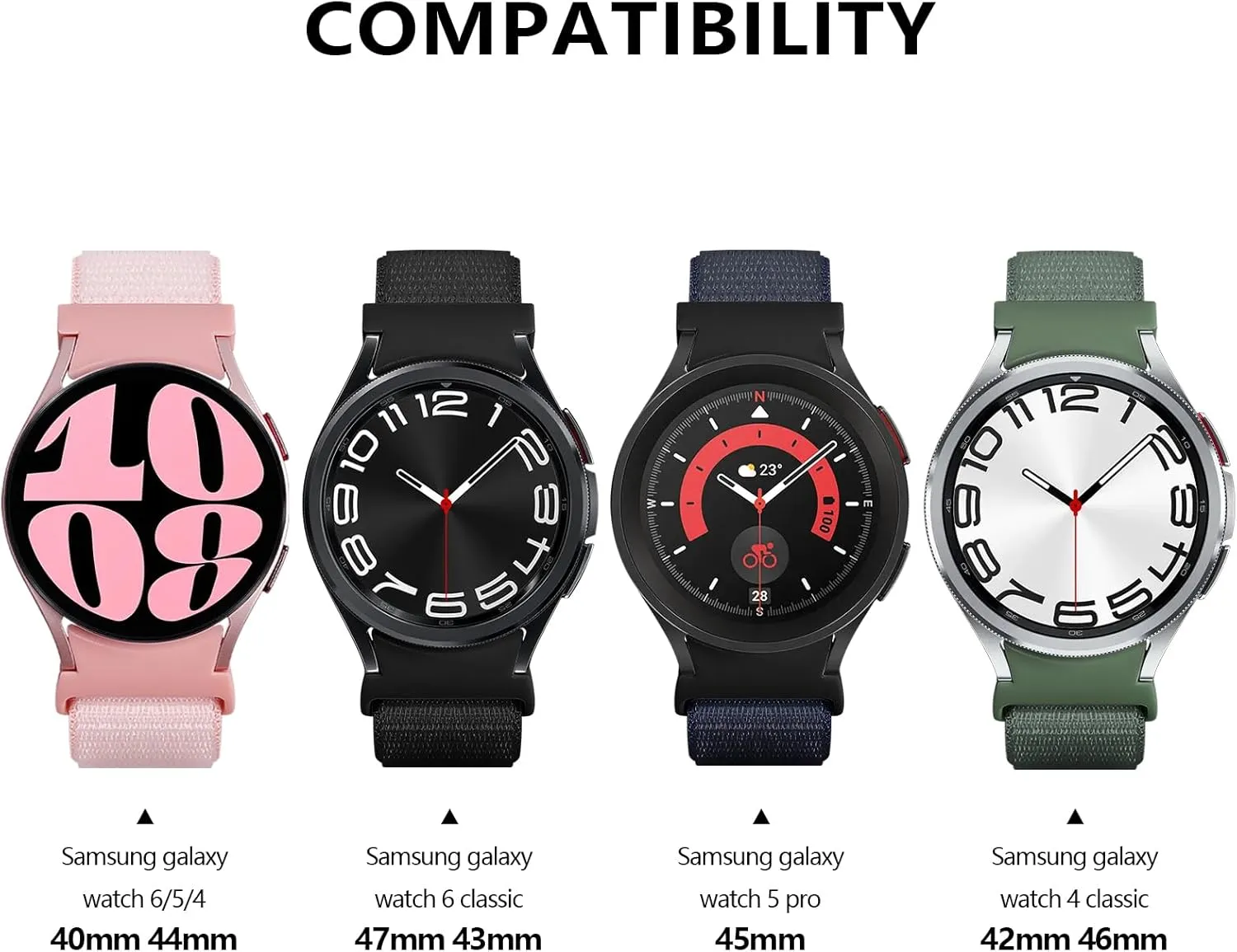 Nylon Bands for Samsung Galaxy Watch 7 6 5 4 FE Band 40mm 44mm/Watch 6 4 Classic 43mm 47mm 42mm 46mm/5 Pro 45mm,One Click No Gap Fabric Sport Strap Wristband for Samsung Watch 4 5 6 7 FE Women Men,4 Pack