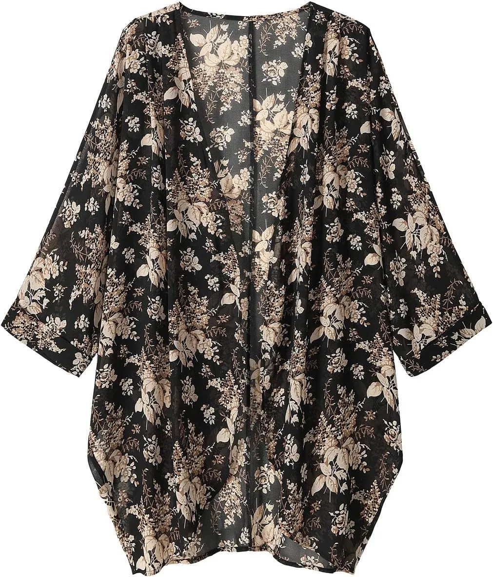 olrain Women's Floral Print Sheer Chiffon 3/4 Bat Sleeve Casual Loose Kimono Cardigan Capes