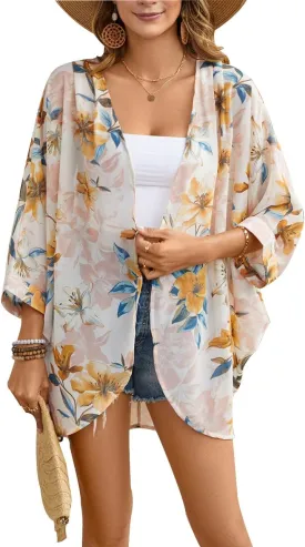 olrain Women's Floral Print Sheer Chiffon 3/4 Bat Sleeve Casual Loose Kimono Cardigan Capes
