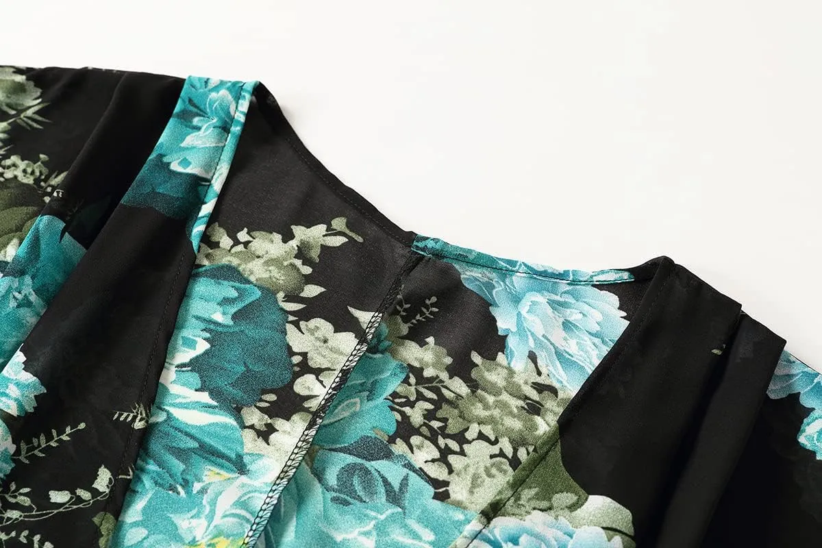 olrain Women's Floral Print Sheer Chiffon 3/4 Bat Sleeve Casual Loose Kimono Cardigan Capes