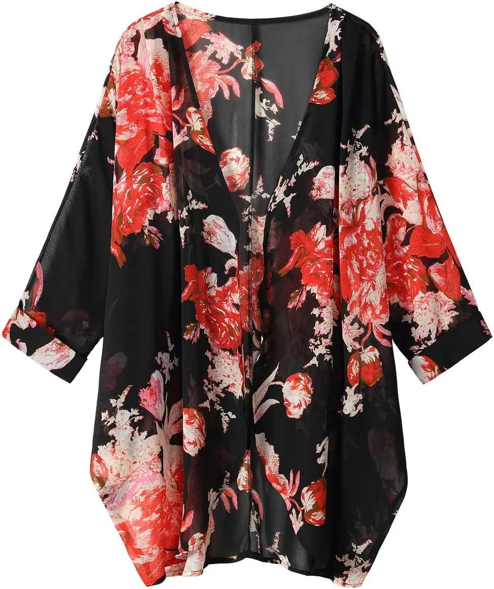 olrain Women's Floral Print Sheer Chiffon 3/4 Bat Sleeve Casual Loose Kimono Cardigan Capes