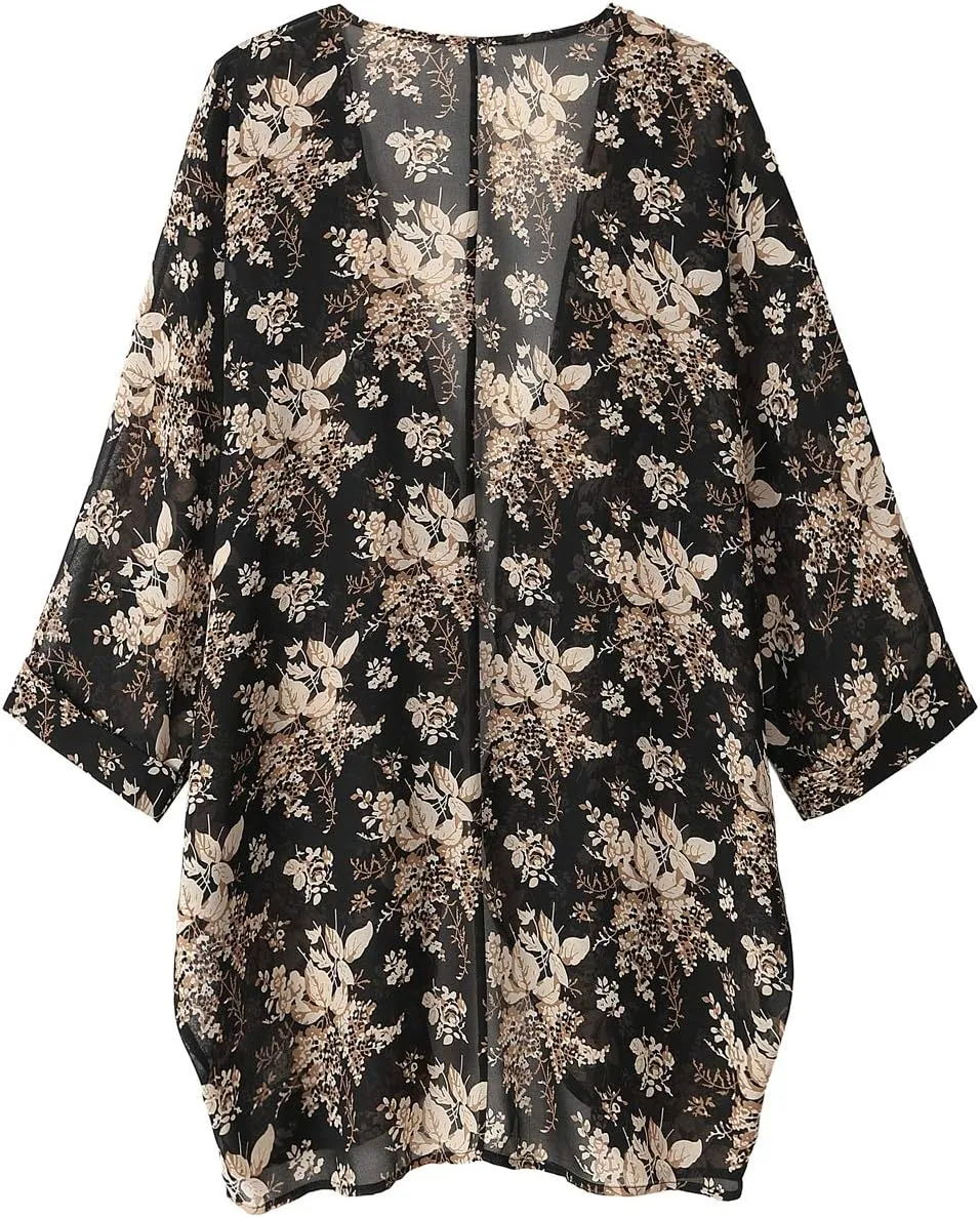 olrain Women's Floral Print Sheer Chiffon 3/4 Bat Sleeve Casual Loose Kimono Cardigan Capes