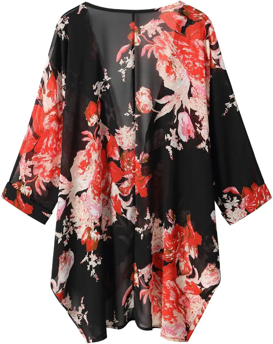 olrain Women's Floral Print Sheer Chiffon 3/4 Bat Sleeve Casual Loose Kimono Cardigan Capes