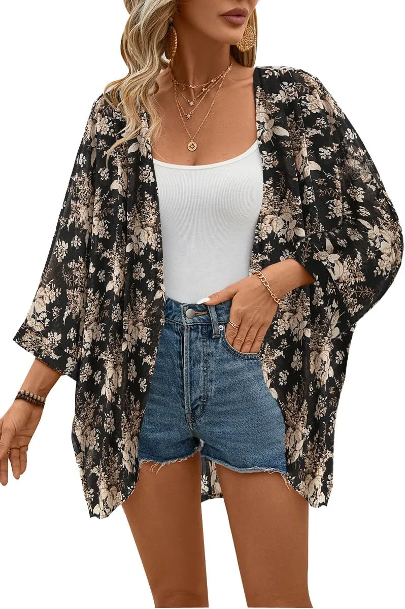 olrain Women's Floral Print Sheer Chiffon 3/4 Bat Sleeve Casual Loose Kimono Cardigan Capes
