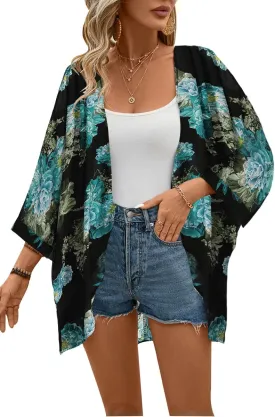 olrain Women's Floral Print Sheer Chiffon 3/4 Bat Sleeve Casual Loose Kimono Cardigan Capes