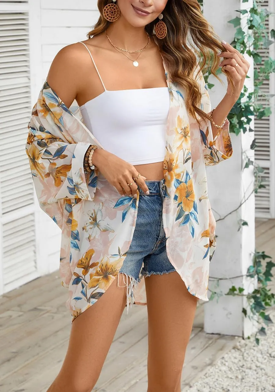 olrain Women's Floral Print Sheer Chiffon 3/4 Bat Sleeve Casual Loose Kimono Cardigan Capes