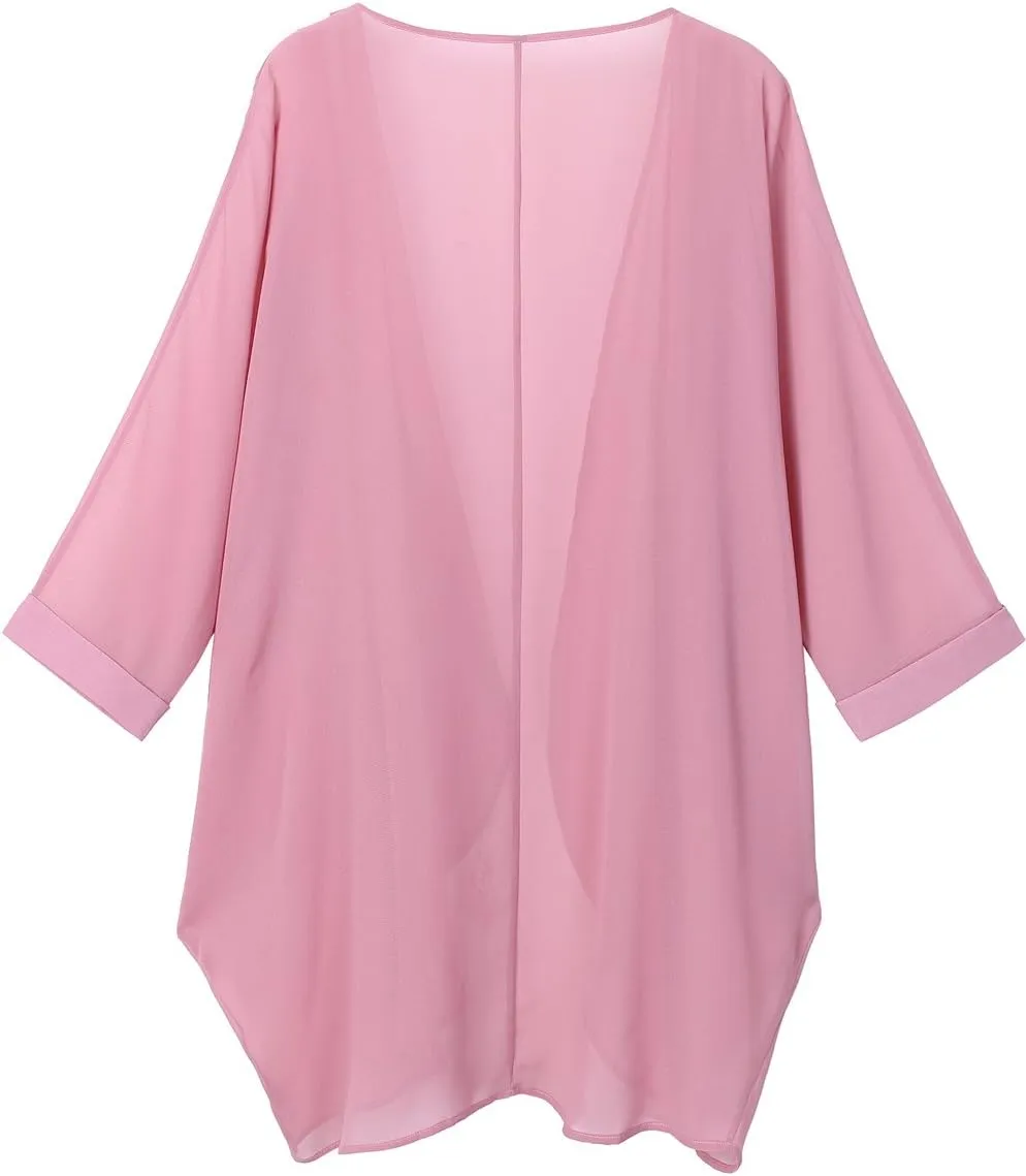 olrain Women's Floral Print Sheer Chiffon 3/4 Bat Sleeve Casual Loose Kimono Cardigan Capes