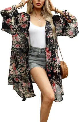 olrain Women's Floral Print Sheer Chiffon 3/4 Bat Sleeve Casual Loose Kimono Cardigan Capes