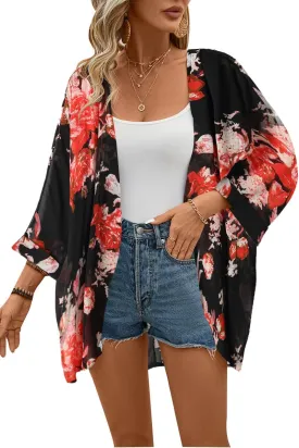 olrain Women's Floral Print Sheer Chiffon 3/4 Bat Sleeve Casual Loose Kimono Cardigan Capes
