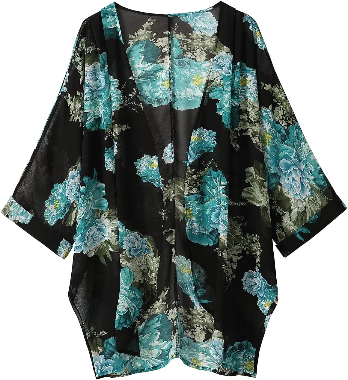 olrain Women's Floral Print Sheer Chiffon 3/4 Bat Sleeve Casual Loose Kimono Cardigan Capes