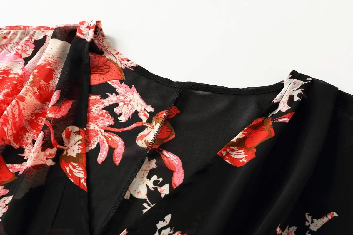 olrain Women's Floral Print Sheer Chiffon 3/4 Bat Sleeve Casual Loose Kimono Cardigan Capes