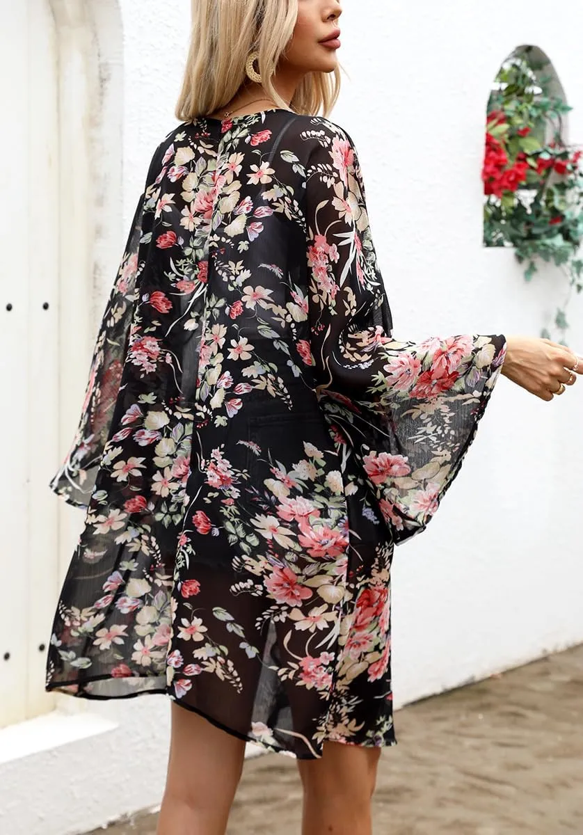 olrain Women's Floral Print Sheer Chiffon 3/4 Bat Sleeve Casual Loose Kimono Cardigan Capes