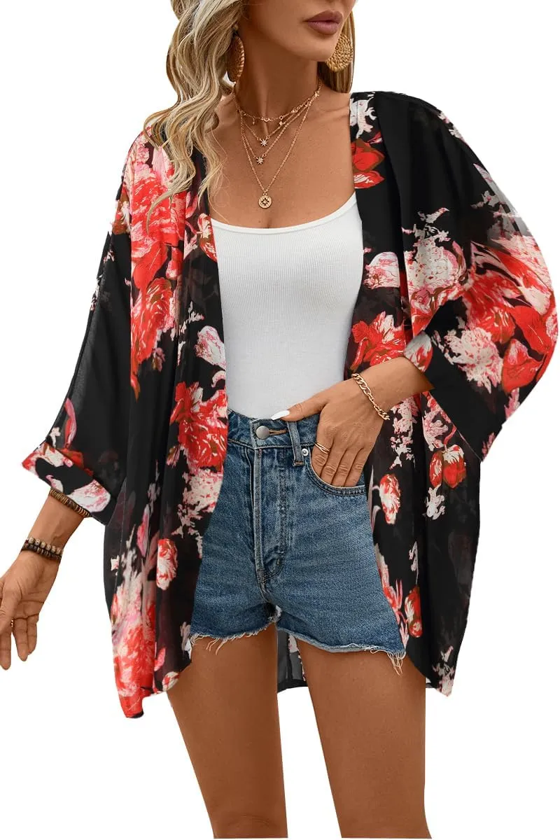 olrain Women's Floral Print Sheer Chiffon 3/4 Bat Sleeve Casual Loose Kimono Cardigan Capes