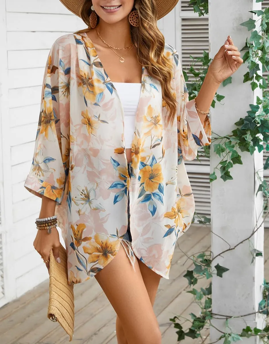 olrain Women's Floral Print Sheer Chiffon 3/4 Bat Sleeve Casual Loose Kimono Cardigan Capes